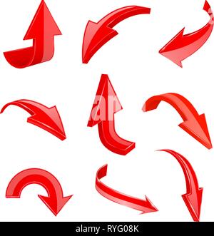 Red 3d shiny arrows. Set of bent icons Stock Vector
