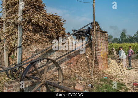 HIMACHAL PRADESH, INDIA. Squeezing machine in a traditional cane sugar plant in rural India Stock Photo