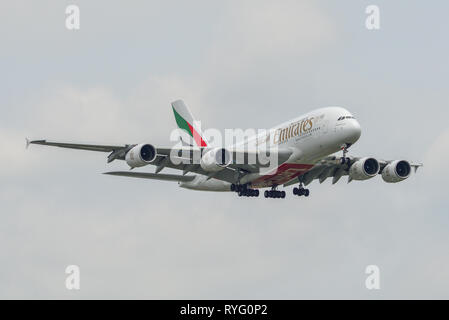 Bangkok, Thailand - Sep 17, 2018. An Airbus A380-800 airplane of Emirates landing at Bangkok Suvarnabhumi Airport (BKK). Stock Photo