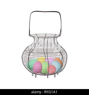 vintage Wicker basket with easter eggs and handle, wicker for food and picnic. Stock Vector