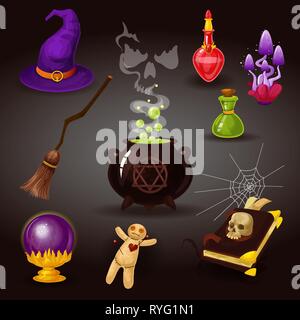 Helloween party or witchcraft, wizard items. Stock Vector
