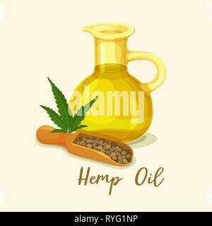 Hempseed or hemp oil in bottle near seeds Stock Vector