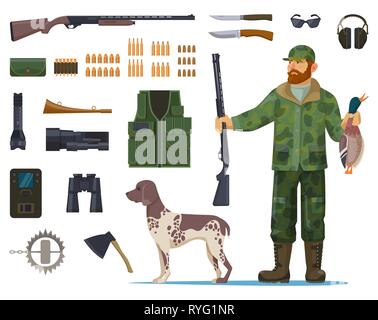 Hunter man with hunting equipment or items Stock Vector