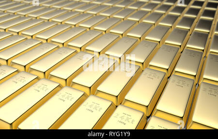 3D rendering of 24 karat gold ingots in a vault Stock Photo