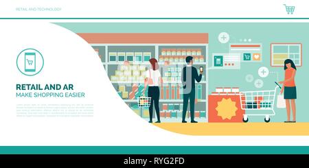 People doing grocery shopping at the supermarket using AR apps on their smartphones and tablets, retail and augmented reality concept Stock Vector
