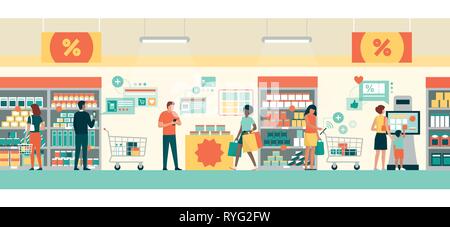People doing grocery shopping at the supermarket, they are buying products using AR apps on their smartphones and tablets, retail and augmented realit Stock Vector