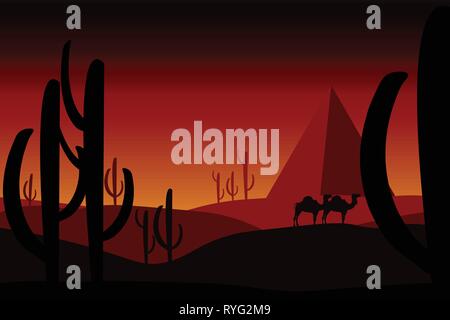 Desert concept - camels in desert with cactuses, sand dunes and pyramids. Landscape, panoramic, outside view on wild nature. Editable illustration. Stock Vector