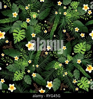 Seamless Pattern Exotic Floral Background. Tropical Flowers and Leaves on Dark Backdrop. Greenery Exotic print Seamless Design Stock Vector