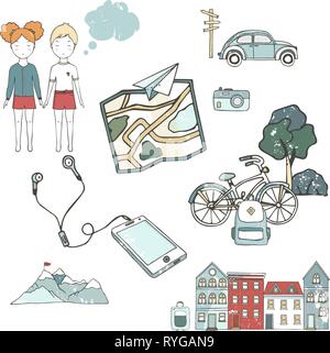 Travel set of tourism icons. Hand drawn vector cartoon illustration. House, map, phone, people bike Stock Vector