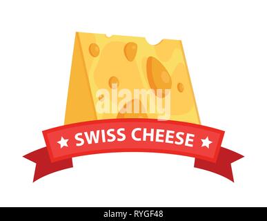 Triangle Swiss Maasdam Cheese piece - Vector Emblem illustration of diary product and red Ribbon with caption Stock Vector