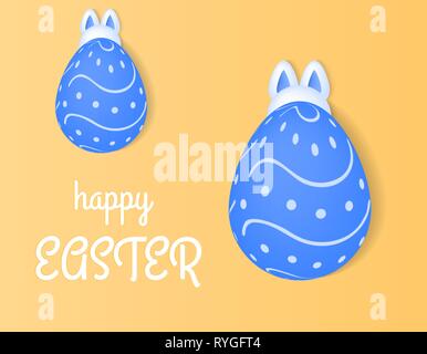 Happy Easter vector illustration, bunnies hiding behind the eggs, light yellow background Stock Vector