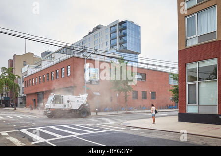 New York, USA - July 04, 2018: New York City Sanitation Department vehicle on 5th Street in Long Island City, Queens. Stock Photo