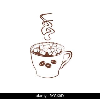 Delicious brewed coffee or cocoa with small marshmallows on a white background. Vector fragrant drink for a cozy coffee house. Illustration Hot Stock Vector
