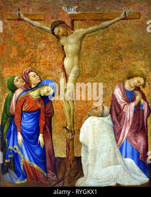 The Crucifixion with a Carthusian Monk, 1389 -1395, Jean de BEAUMETZ,  documented, from 1361 – 1396 France, French. ( Painted for the cells of the monks and the prior at the Charterhouse of Champmol, near Dijon, and commissioned by the Duc de Bourgogne, Philippe le Hardi. ) Stock Photo