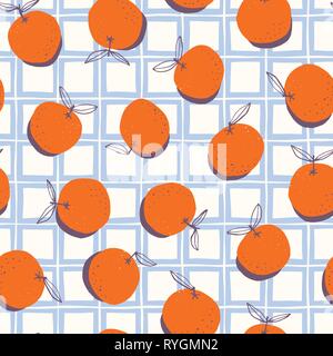 Whimsical hand-drawn doodle oranges and plaid vector seamless pattern background. Classic Summer Fruits Abstract Graphic Print Perfect for Kids. Stock Vector