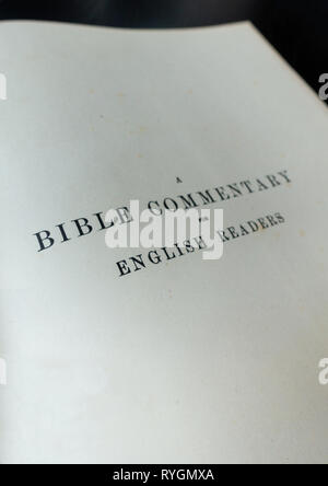 Close up of the book inside cover in an Antique Book of Bible Commentary for English readers Stock Photo
