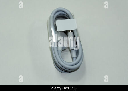 Close up white USB cable plug isolated on white background Stock Photo