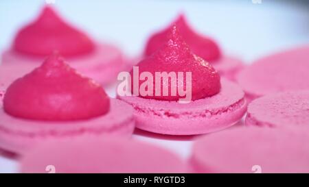 Pink pistachio macarons, squeezing and adding cream filling from pastry bag. Macaroons - delicious and beautiful french dessert. Cooking, food and Stock Photo