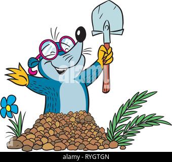 The illustration shows cartoon funny mole with a shovel that digs dwelling in the soil Stock Vector