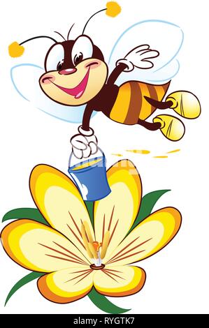The illustration shows a funny cartoon bee on a flower. Illustration done on separate layers, isolated on a white background Stock Vector