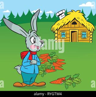 The illustration shows  on the background of the house a funny cartoon rabbit, which harvests carrots. Stock Vector
