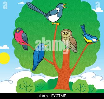 The illustration shows several cartoon birds sitting on a tree. Illustration done on separate layers. Stock Vector