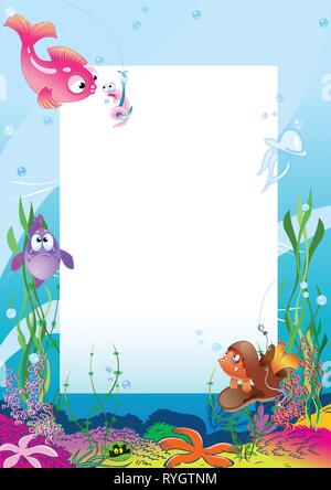 The illustration shows the frame against the background of various sea creatures and fishes. Illustration made on separate layers in a cartoon style. Stock Vector