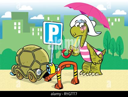 The illustration shows a funny cartoon tortoise. She parked in the parking lot its shell as a means of transportation. Parking is shown in the backgro Stock Vector