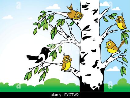 In the illustration birch on the background  forest and blue sky. Birds sitting on a tree, it's sparrows and magpies. Illustration done in cartoon sty Stock Vector