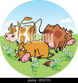 The illustration shows a herd of cows. They graze on a green meadow. Illustration done in cartoon style. Background separately. Stock Vector