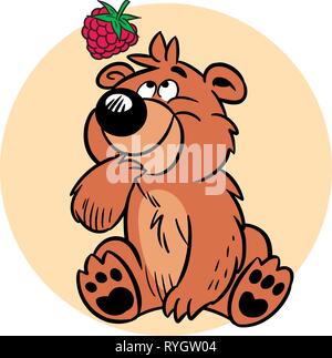 The illustration shows a funny bear, which looks at the raspberries. Illustration done in cartoon style on separate layers. Stock Vector