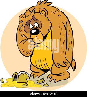 The illustration shows a funny bear. He upset  broken jar with honey. Illustration done on separate layers. Stock Vector