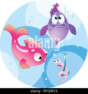 The illustration shows two colored fish. They are looking at a hook with a funny worm.Illustration done in cartoon style, on separate layers. Stock Vector