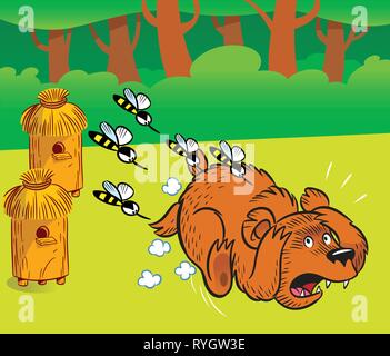 The illustration shows a bear in the apiary. Angry bees from the hive chases a bear. Illustration done in cartoon style, on separate layers. Stock Vector