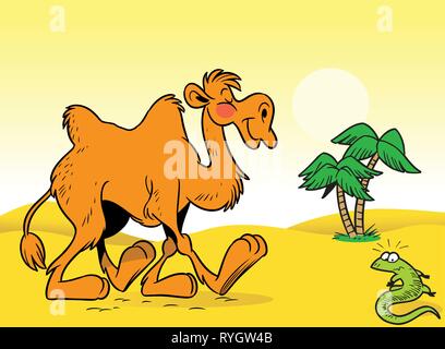 Great cartoon camel is the yellow desert. Against the backdrop of green palms and a lizard. Stock Vector