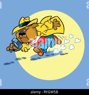 The illustration shows how bulldog detective on the trail, he is holding a magnifying glass. Illustration done in cartoon style. Stock Vector