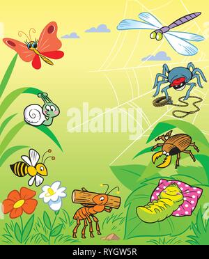 In the vector illustration a lot of funny cartoon insects on the background of a green lawn. In the group of insects butterfly, dragonfly, spider, sna Stock Vector