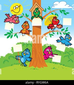 Several funny cartoon birds  sitting on a tree. Stock Vector