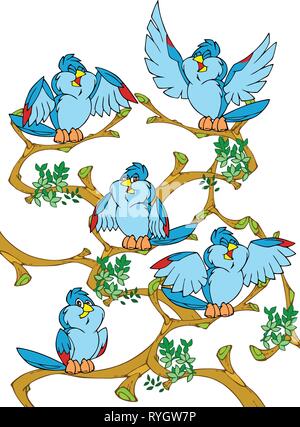 Sitting on a tree little birds.They are blue, cartoon, and cheerful. Stock Vector