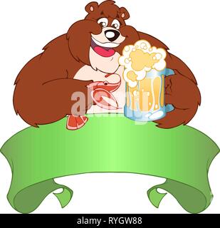 Brown bear drinking beer.  He holds in his paws a mug of beer and shrimp. Stock Vector