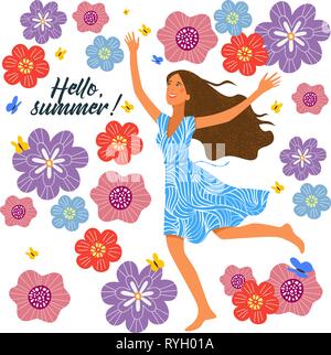 Running joyful girl on the background with doodle flowers. Cute vector illustration. Stock Vector