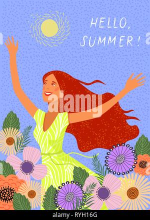 Running joyful redhead girl on the background of doodle flowers . Cute vector illustration. Stock Vector
