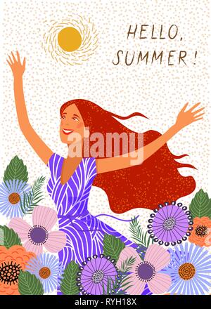 Running joyful girl on the background of doodle flowers . Cute vector illustration. Stock Vector