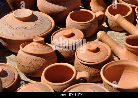 Lots of traditional ukrainian handmade clay pottery production Stock Photo