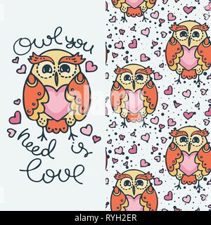 Owl you need is love. Set of seamless cute childish pattern and doodle cut image with hand drawn cute animals. Creative doodle kids texture for fabric Stock Vector