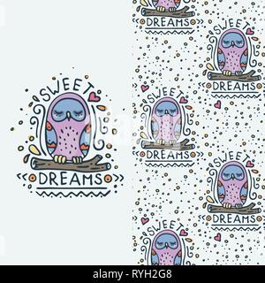 Sweet dreams. Set of seamless cute childish pattern and doodle cut image with hand drawn cute animals. Creative doodle kids texture for fabric, wrappi Stock Vector