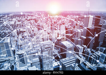 Modern Toronto urban skyline with high-speed data and internet communication network. Concept of cyber network in big city with copy space. Stock Photo