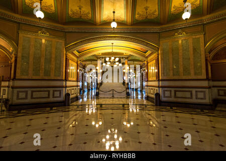 SPRINGFIELD, IL/USA - MARCH 10, 2019: Inside the beautifully ornate rotunda within the state capitol building as light enters through the stained glas Stock Photo
