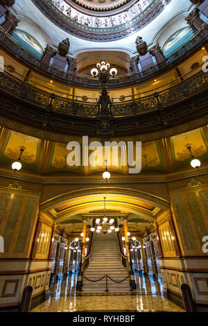 SPRINGFIELD, IL/USA - MARCH 10, 2019: Inside the beautifully ornate rotunda within the state capitol building as light enters through the stained glas Stock Photo