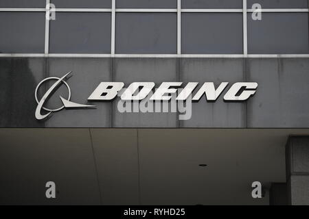 Chicago, USA. 13th Mar, 2019. Photo taken on March 13, 2019 shows the Boeing logo at its headquarters in downtown Chicago, the United States. U.S. aircraft manufacturer Boeing said Wednesday it has 'full confidence' in the safety of its 737 Max aircraft, but it supports action to temporarily ground the entire global fleet of 737 Max 'out of an abundance of caution.' Credit: Joel Lerner/Xinhua/Alamy Live News Stock Photo